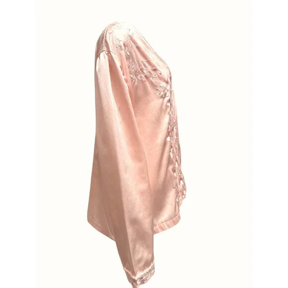 Nordstrom Intimates Size L Blush Pink Satin Embroidered Floral Lounge Top - Picture 3 of 11